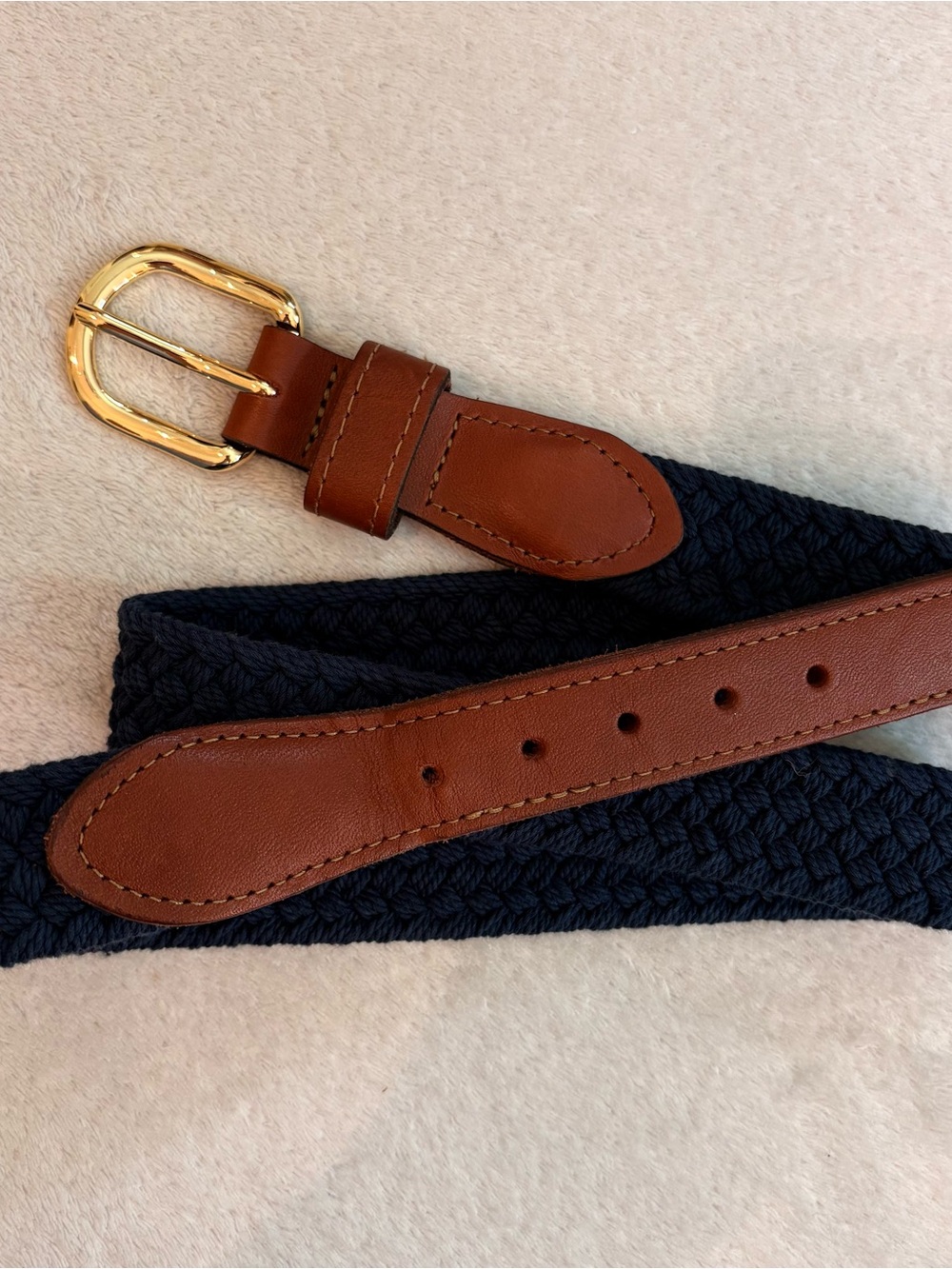 Classic Braided Navy Strap & Brown Leather Men’s Belt Solid Brass Buckle Sz 38